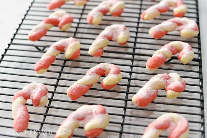 Candy Cane Cookies cooling on a wire rack cookingwithcurls.com