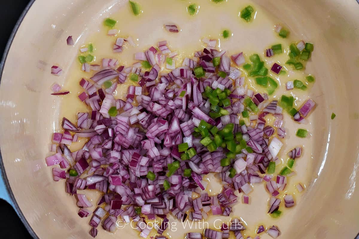 Diced red onion, jalapeno, and oil in a large pot. 