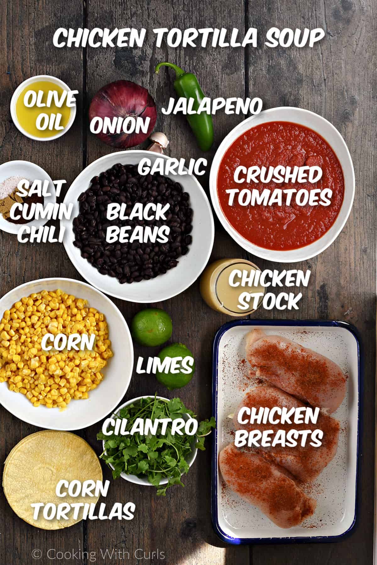 Ingredients needed to make Chicken Tortilla Soup. 