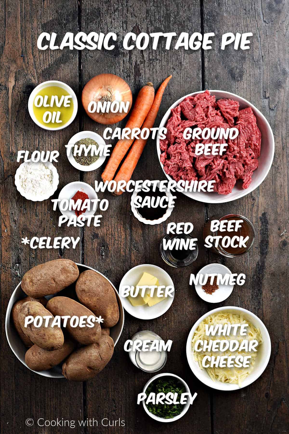 Ingredients needed to make traditional Cottage Pie. 