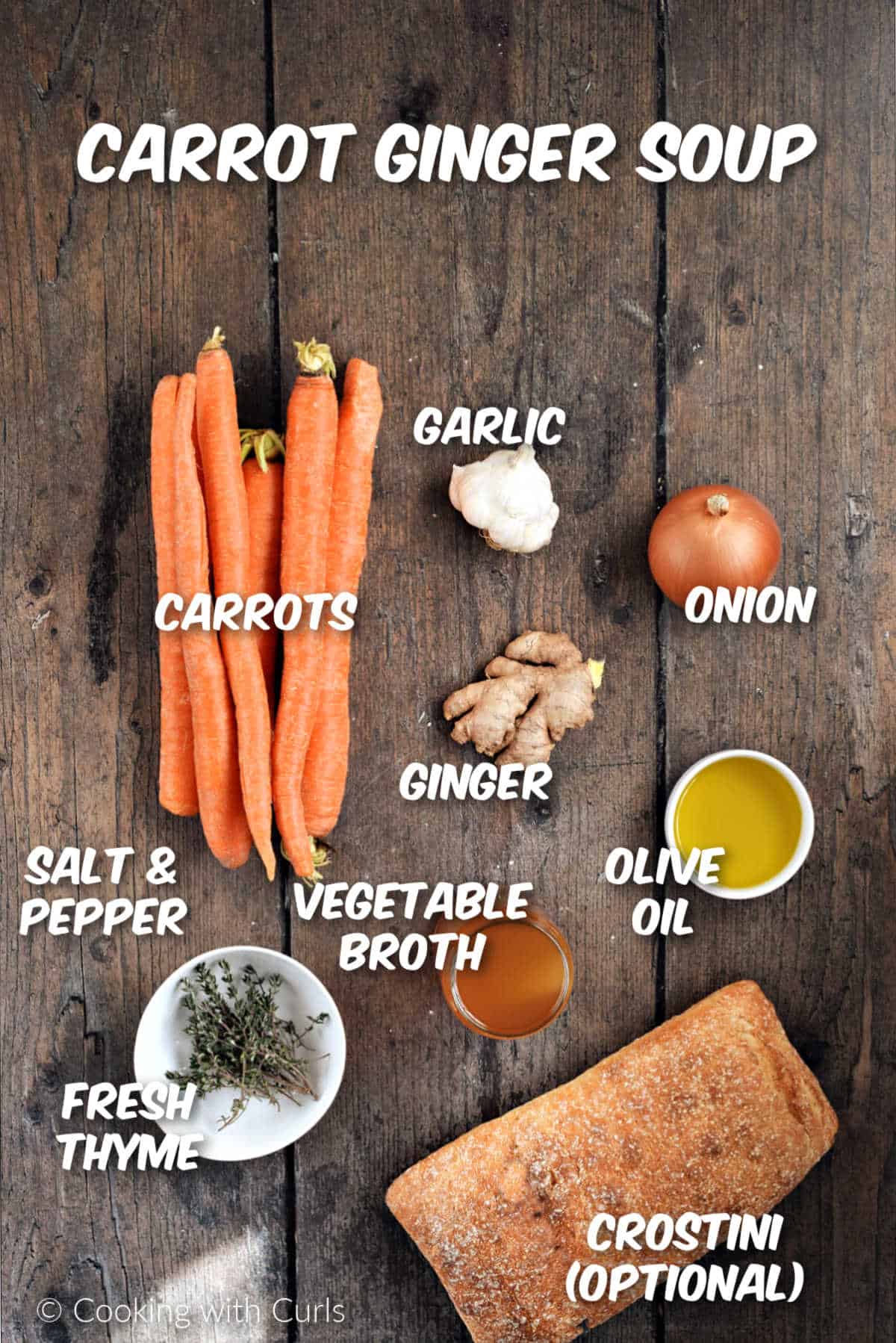 Ingredients needed to make carrot ginger soup.