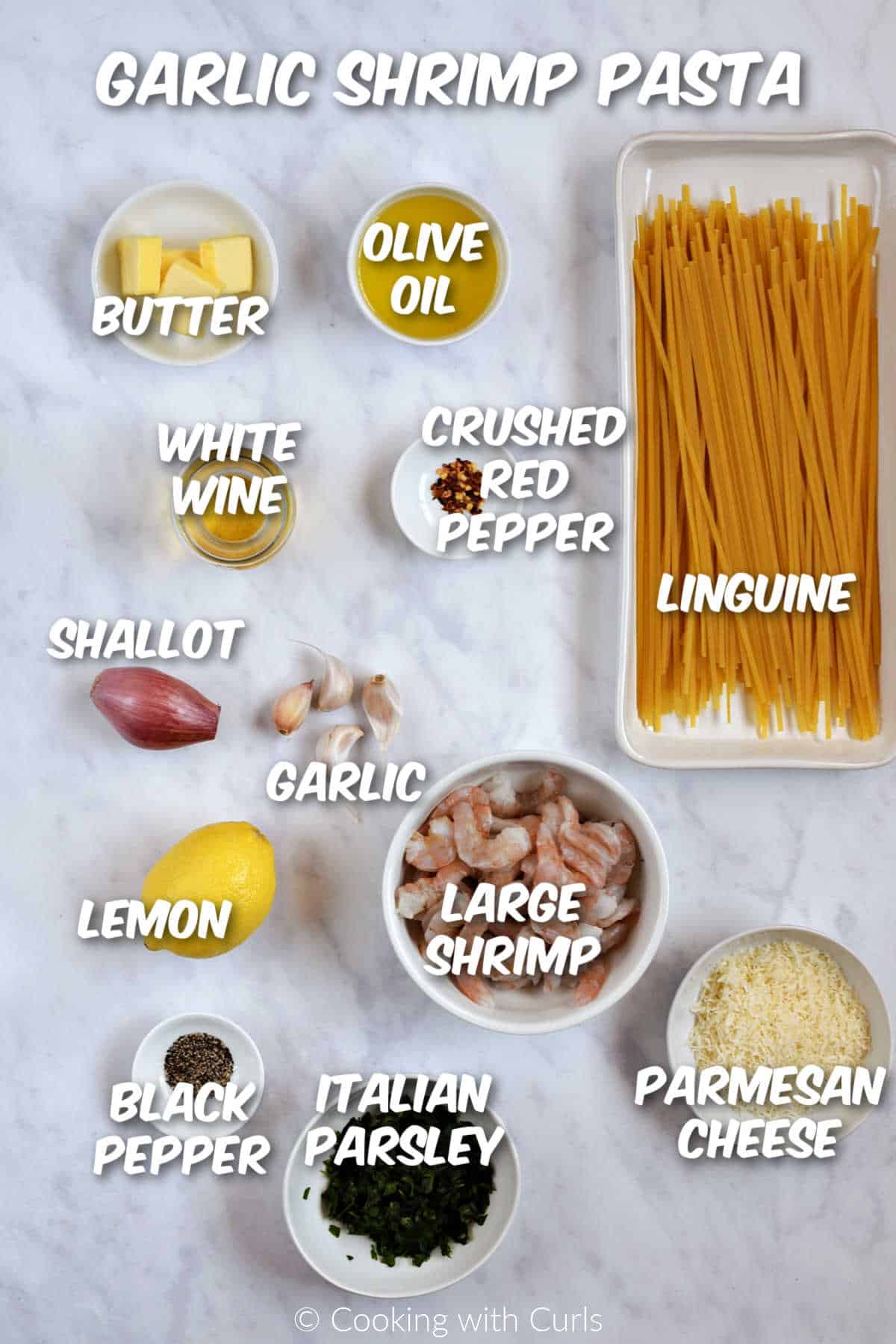 Ingredients needed to make garlic shrimp pasta recipe.
