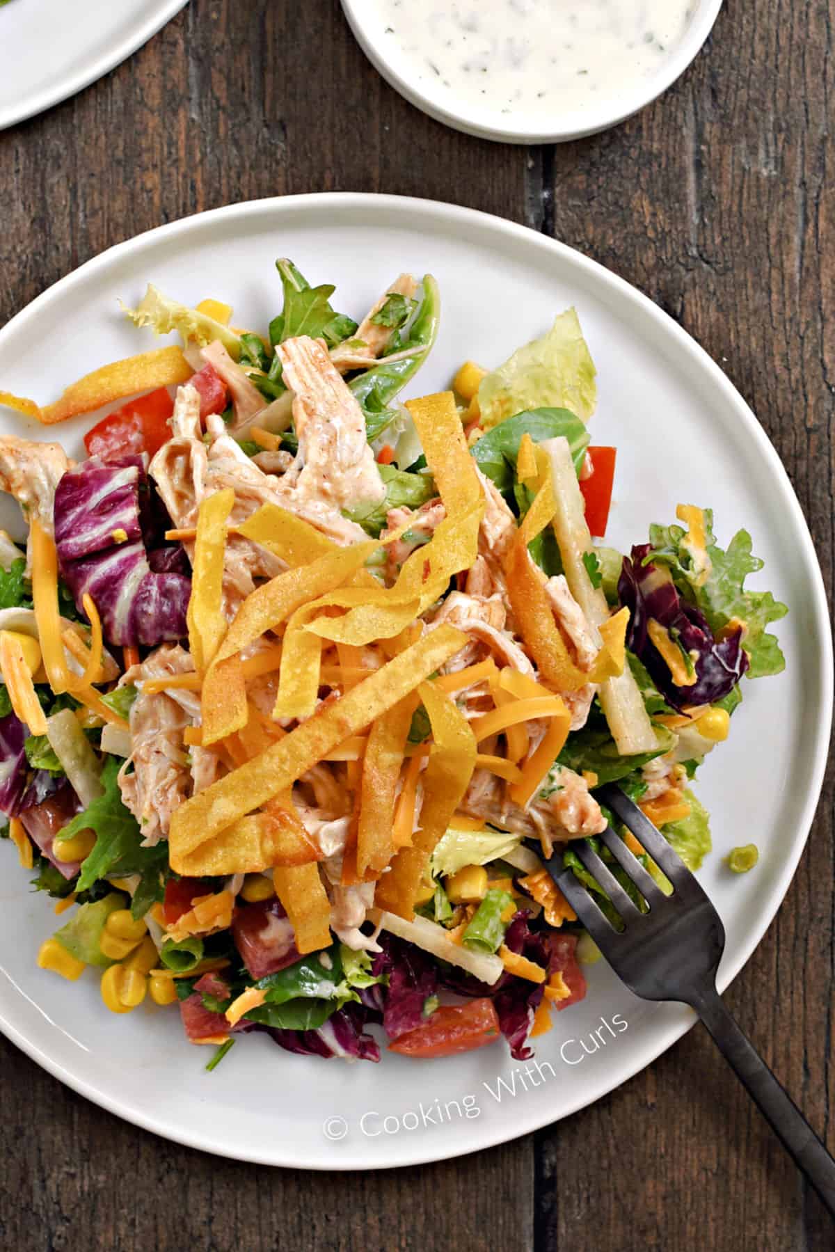 Looking down on a BBQ Chicken Salad topped with crispy tortilla strips, corn, tomatoes, and jicama strips. 