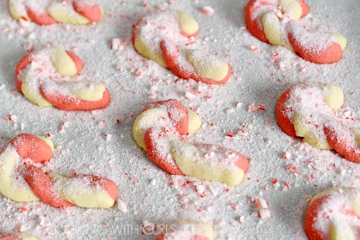 Peppermint sugar sprinkled over the hot cookies cookingwithcurls.com