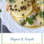 Chicken Scaloppine with thin sliced lemons and capers on a white platter with title graphic across the bottom.