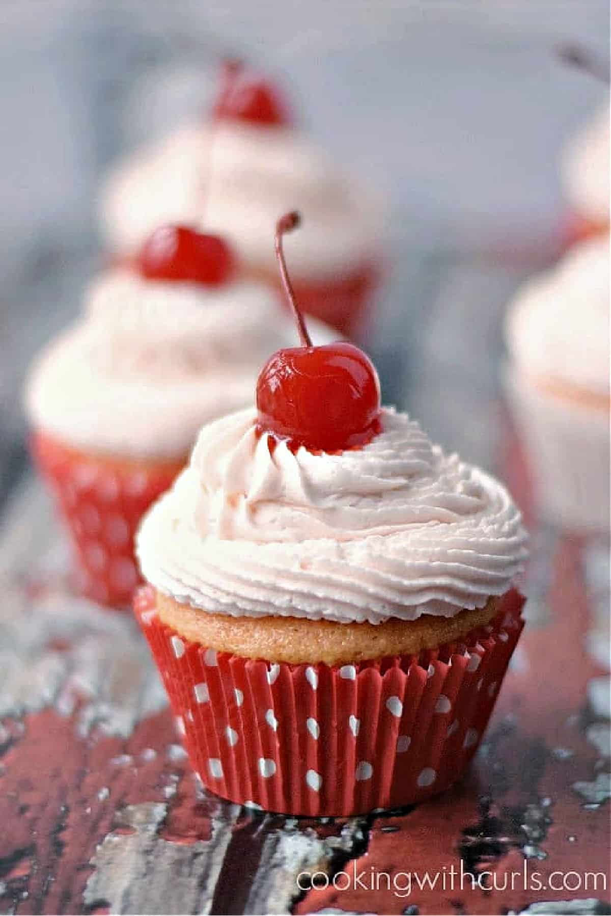 Five cherry chip cocktail cupcakes topped with a maraschino cherries.