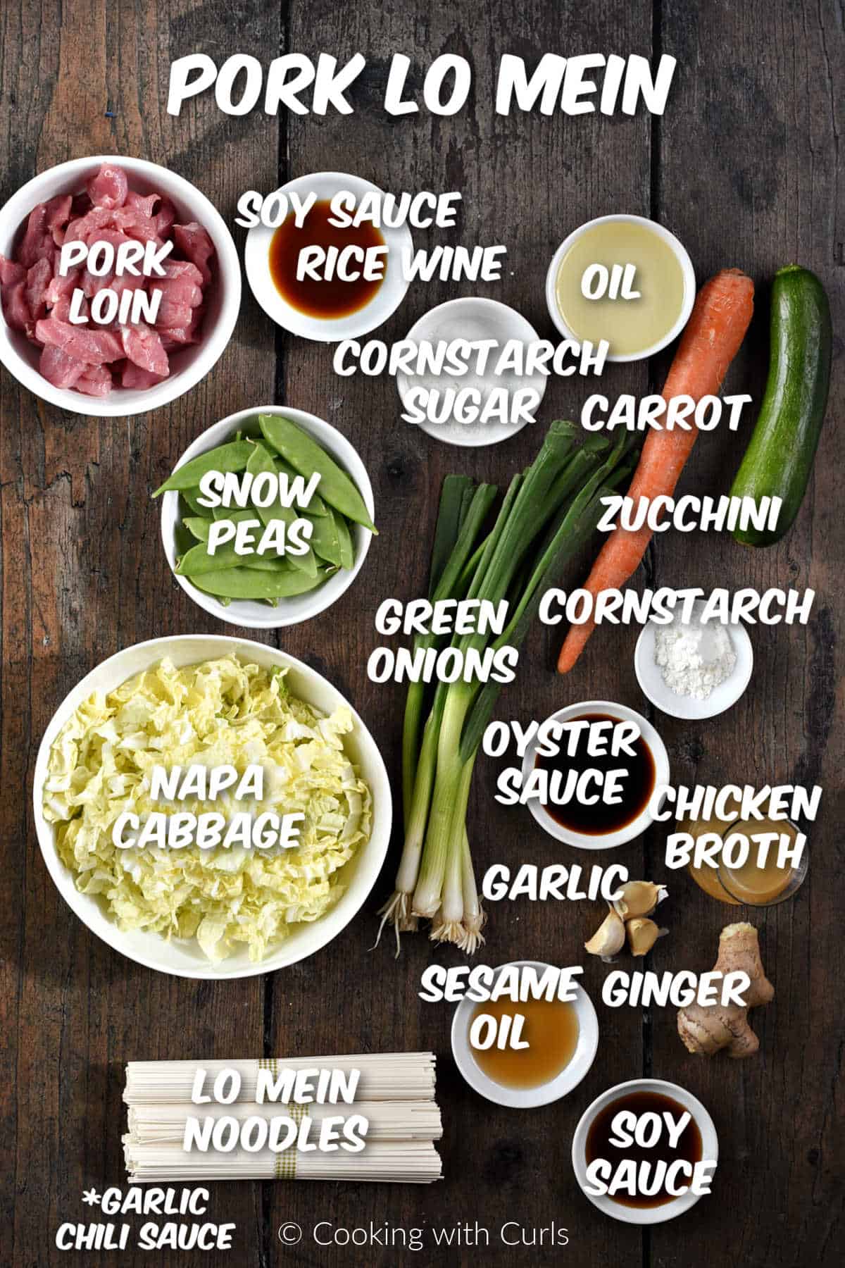 Ingredients needed to make Pork Lo Mein on a rustic wood background. 