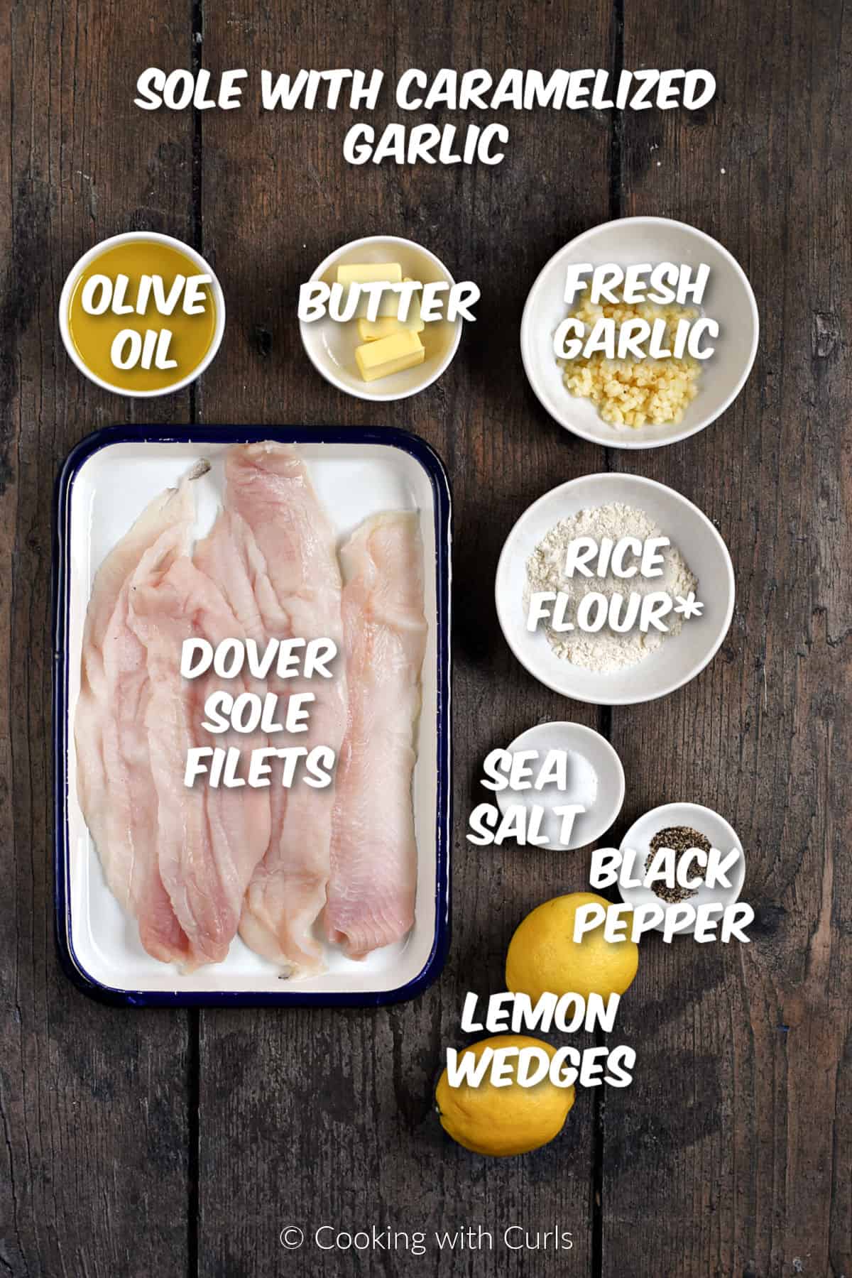 Ingredients needed to make sole with caramelized garlic with image names on top.