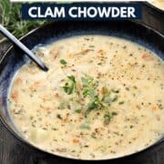 Two bowls of creamy Boston Clam Chowder topped with fresh thyme and rosemary with title graphic across the top.