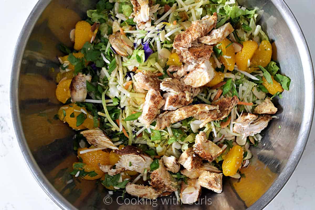 Chinese chicken salad in a large mixing bowl.