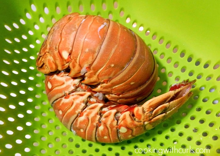 Two cooked lobster tails in a green, plastic colander. 