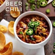 A bowl of beer chili topped with cheddar cheese, green onions, and sliced jalapeños with title graphic across the top.