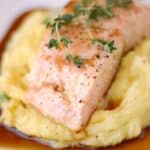 Guinness Glazed Salmon with perfect mashed potatoes is a quick weeknight meal that the whole family will enjoy! cookingwithcurls.com