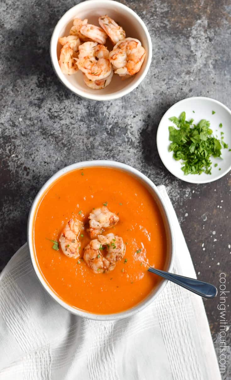 Roasted Red Pepper Soup with Grilled Shrimp | cookingwithcurls.com