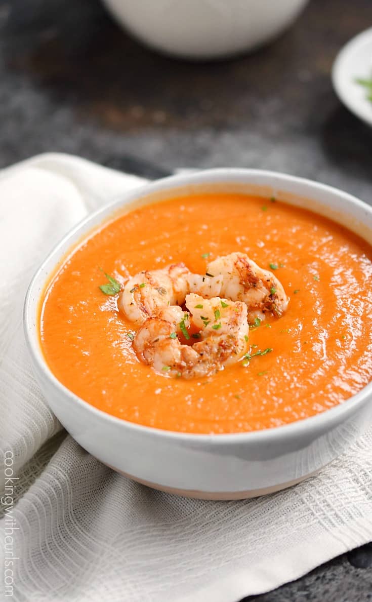 Roasted Red Pepper Soup with Grilled Shrimp & happy birthday dad