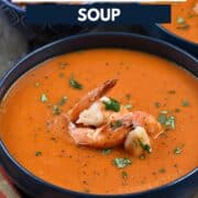 Two bowls of roasted red pepper soup topped with large shrimp and sprinkled with chopped cilantro and title graphic across the top.