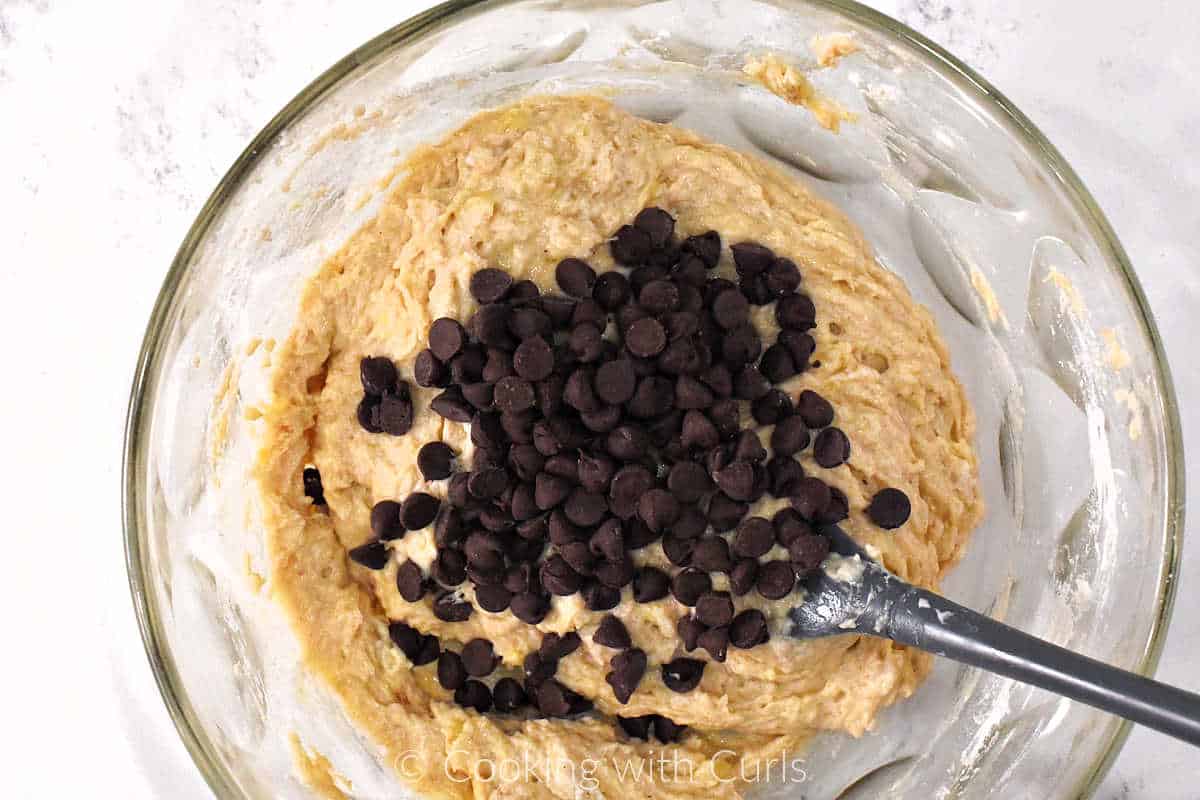 Cake mixture with chocolate chips on top.