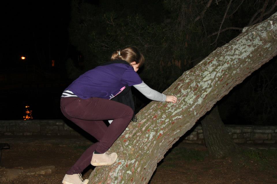 a girl in a purple shirt climbing a bent over tree