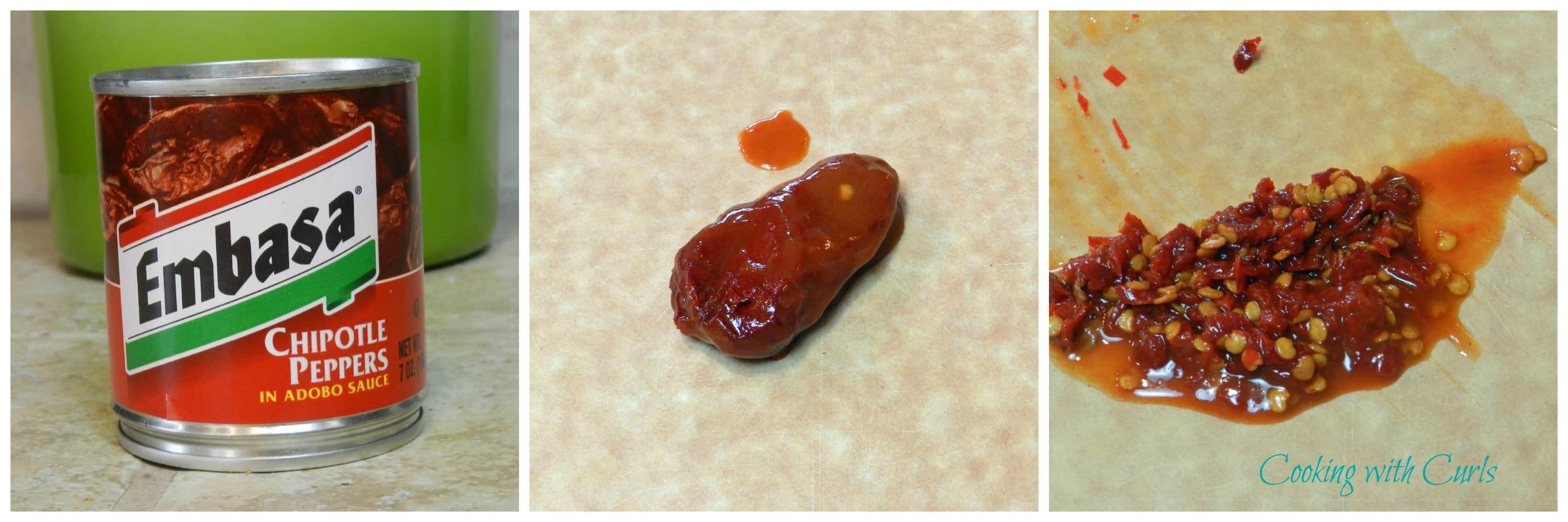 Photo collage showing a can of chipotle peppers in adobo sauce, a chipotle pepper, and the sauce on a cutting board.
