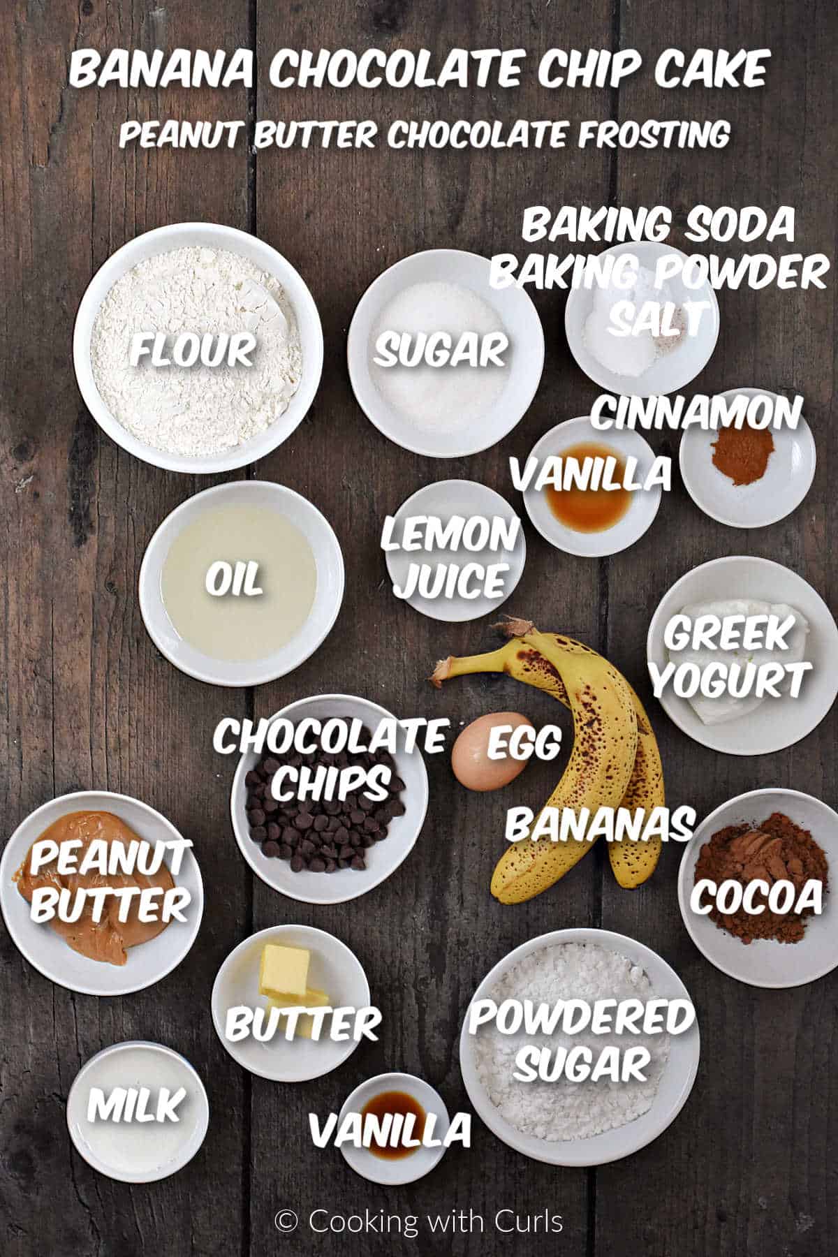 Ingredients needed to make banana chocolate chip cake with peanut butter chocolate frosting.
