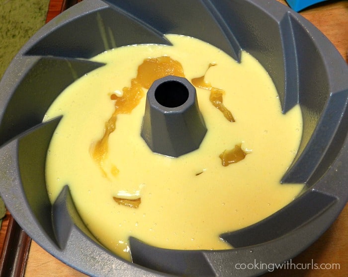 add the lemon curd to the cake batter in the bundt pan 