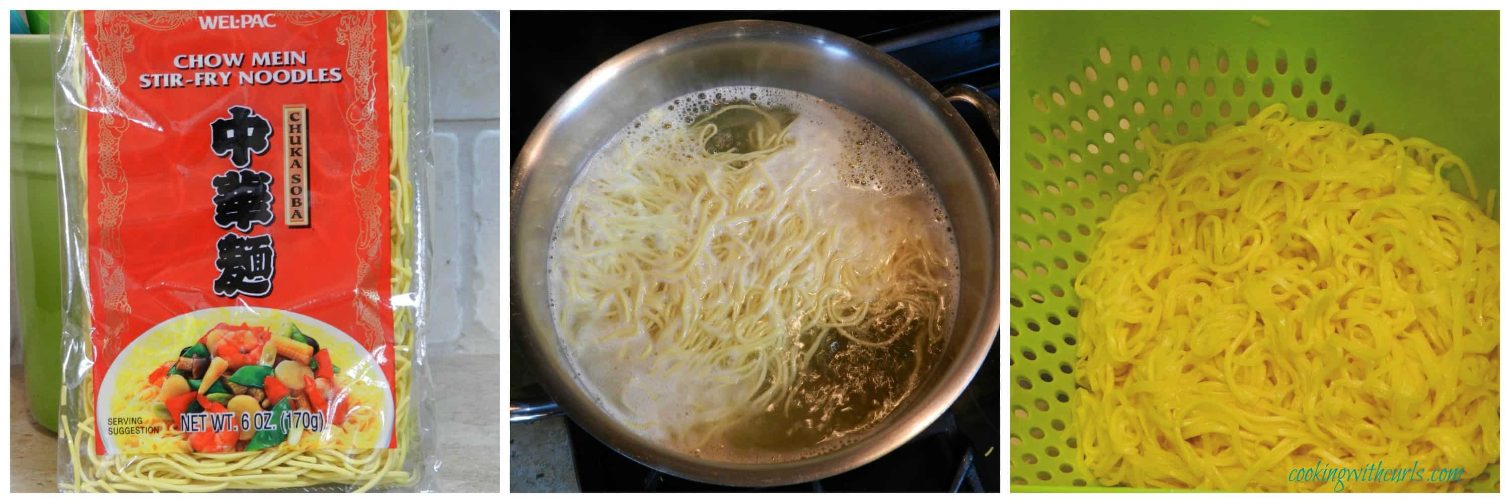 Chow Mein Noodle Collage showing the package, boiling in water, and strained in a colander.
