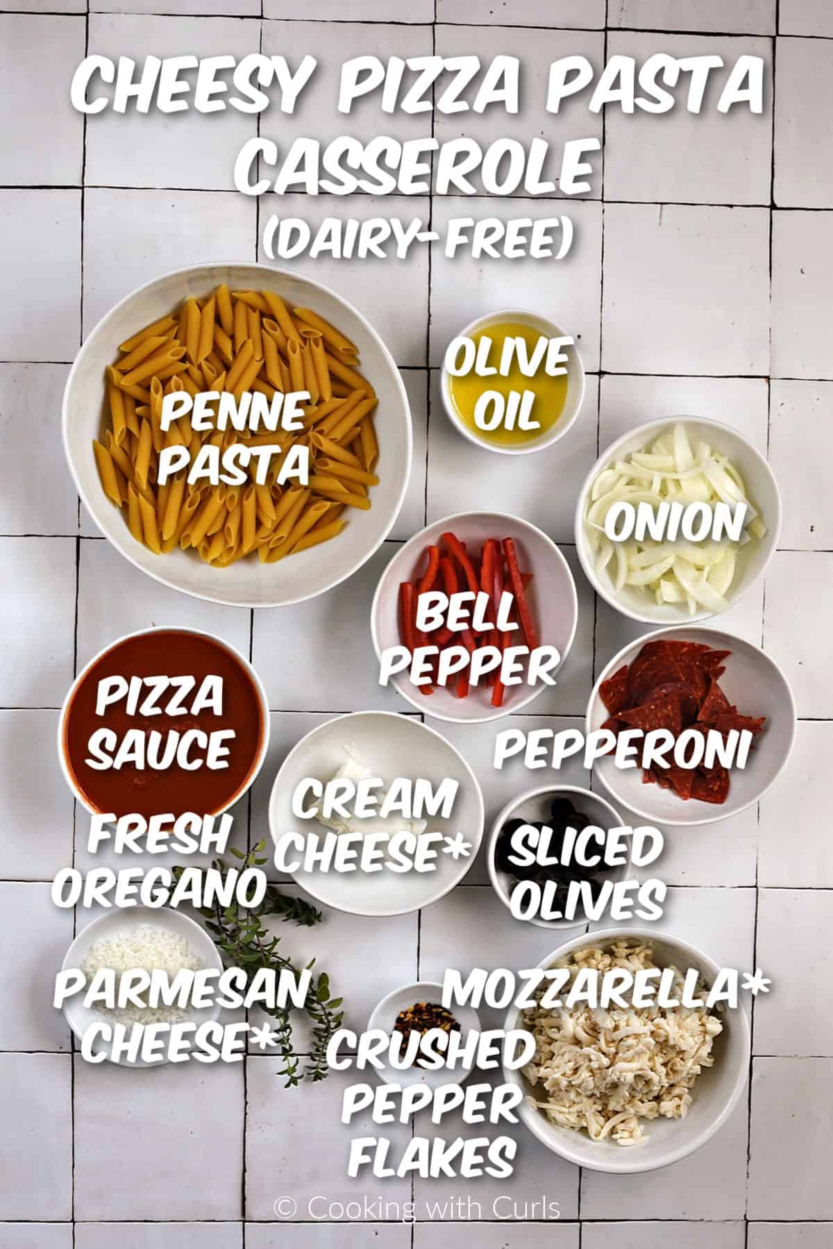 Ingredients needed to make cheesy pizza pasta casserole.
