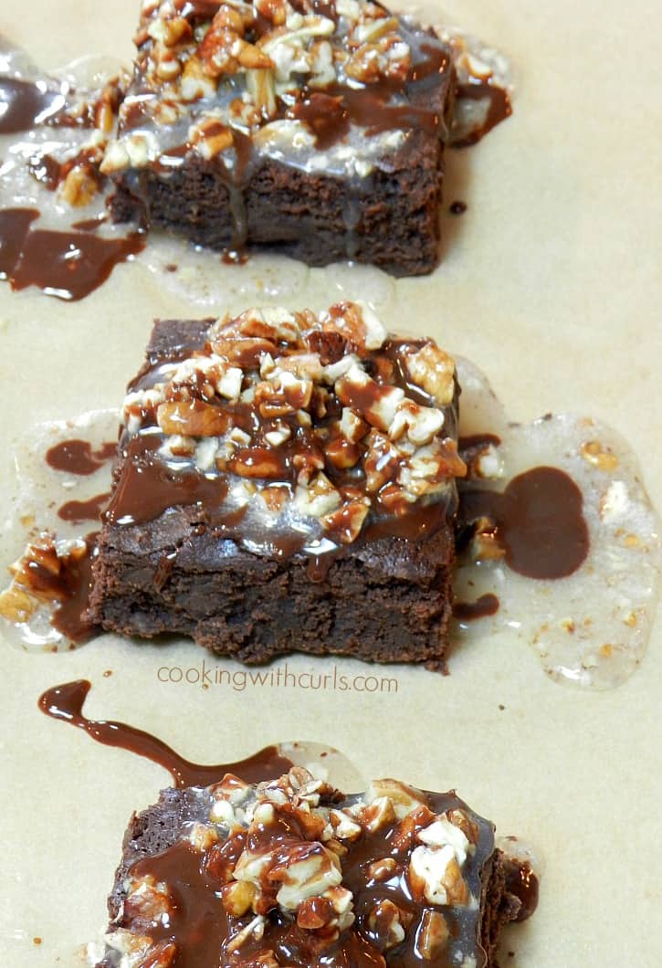 Turtle Sourdough Brownies are topped with a dairy-free caramel topping so everyone can enjoy them! cookingwithcurls.com