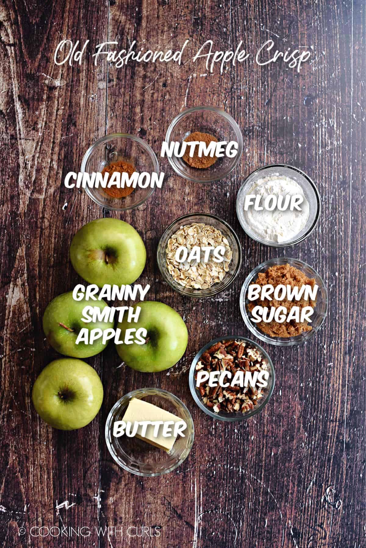 Ingredients needed to make old-fashioned apple crisp. 