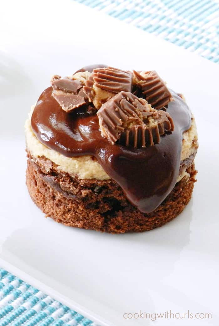 A round brownie topped with peanut butter filling, chocolate ganache and chopped peanut butter cups on a white plate.