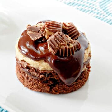 A round brownie topped with peanut butter filling, chocolate ganache and chopped peanut butter cups on a white plate.