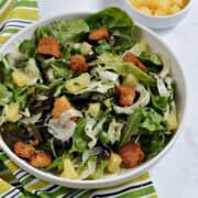 Shaved fennel salad with mixed greens, pineapple chunks and croutons.