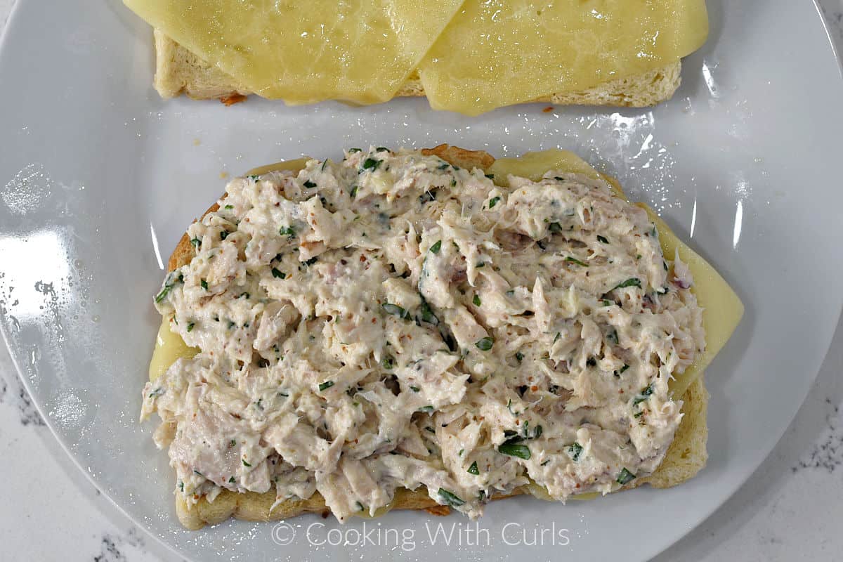 Tuna salad spread over the top of melted cheese on a slice of sourdough bread. 