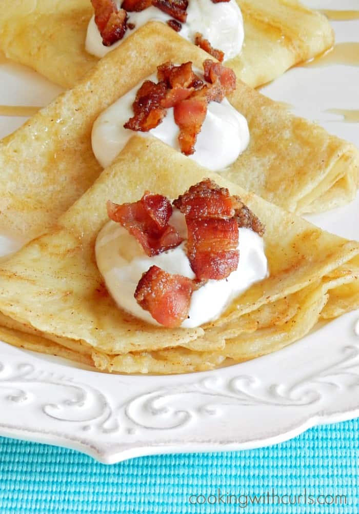 French Toast Sourdough Crepes with Maple Cream and Candied Bacon