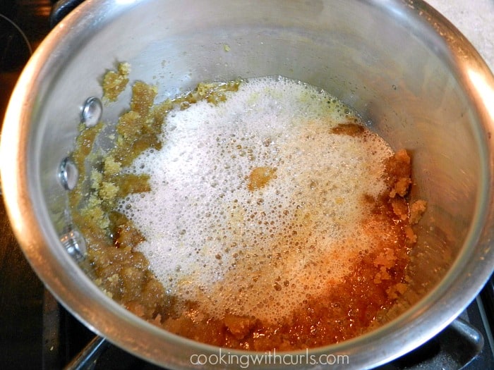 Beer added to the butter and brown sugar in a saucepan. 