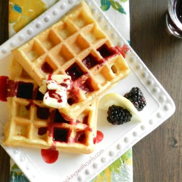 Light and fluffy Lemon Waffles with Blackberry Syrup are a delicious breakfast treat cookingwithcurls.com
