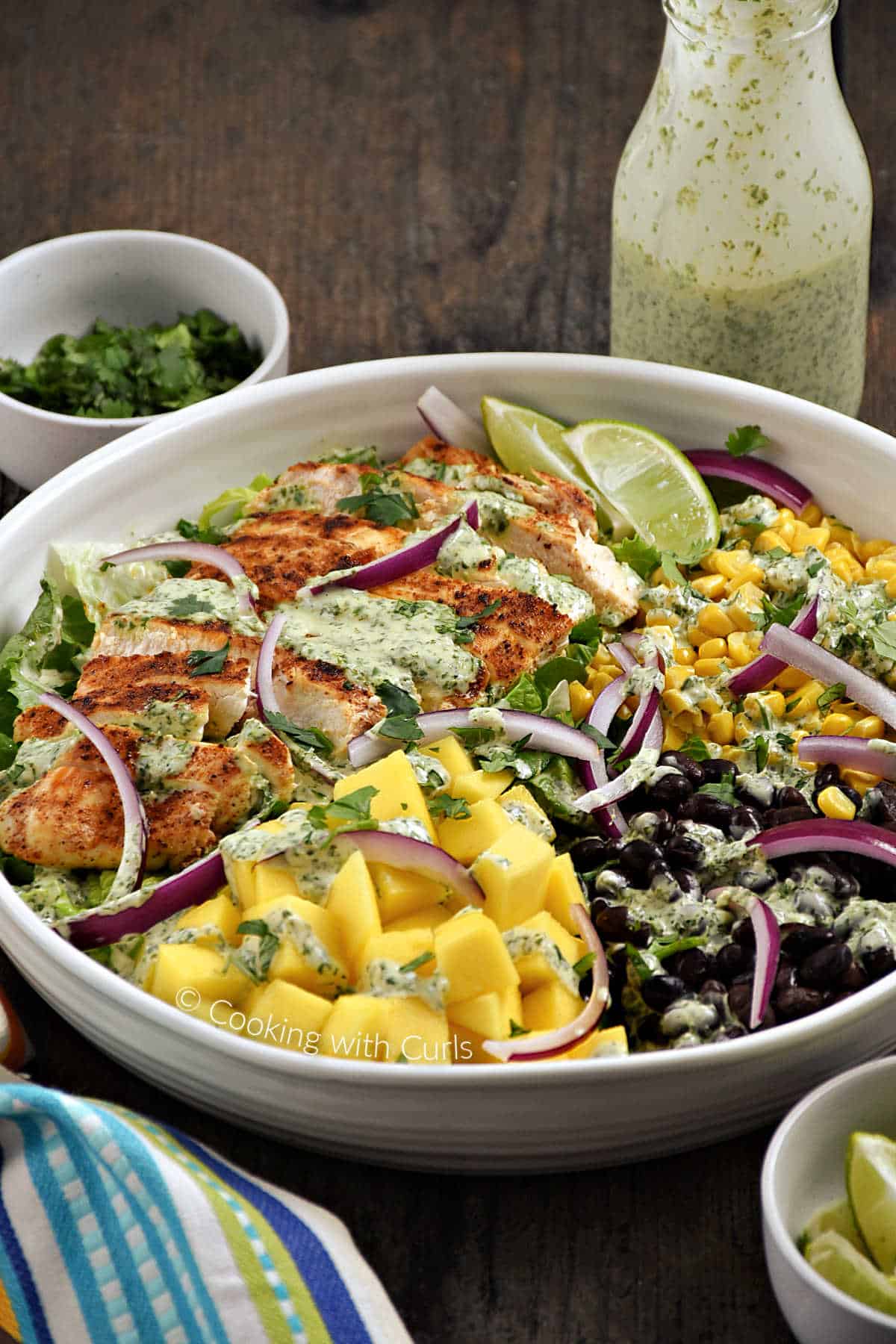 Southwest Chicken Salad with corn, black beans, mango chunks, and red onion slices topped with creamy cilantro lime dressing with extra dressing on the side.