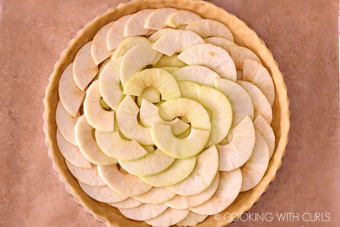 looking down on apple slices in circles on the tart crust. 