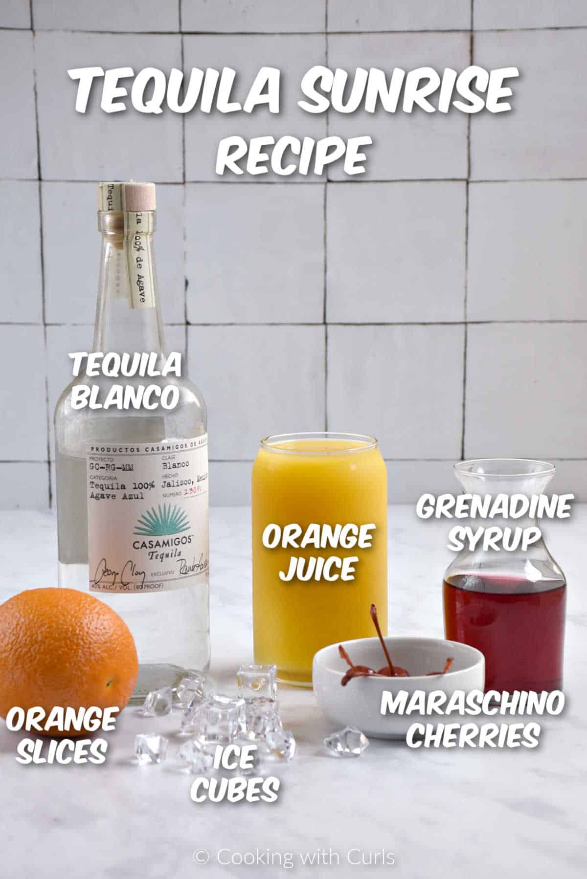 Ingredients needed to make tequila sunrise recipe.