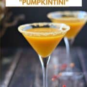 Looking down on a pumpkintini filled martini glass with graham cracker crumb rim and title graphic across the top.