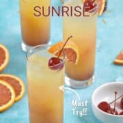 Three ice filled highball glasses filled with tequila sunrise cocktails with orange and cherry garnish with title graphic across the top.