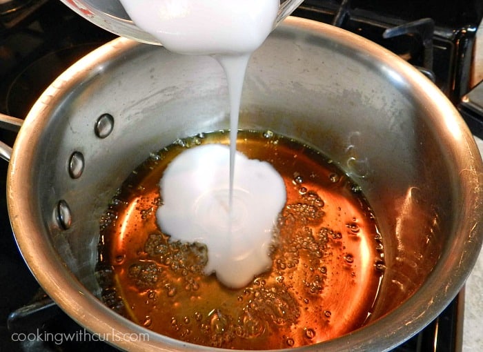 Add the coconut cream to the caramelized sugar in a saucepan cookingwithcurls.com