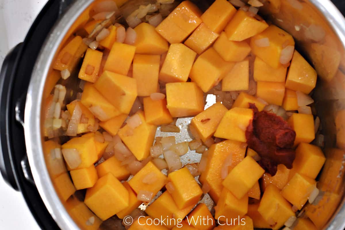 Butternut Squash chunks mixed with cooked, diced onion and tomato paste. 