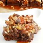 Rich chocolate brownies topped with dairy-free caramel and toasted pecans make these Turtle Brownies absolutely decadent! cookingwithcurls.com