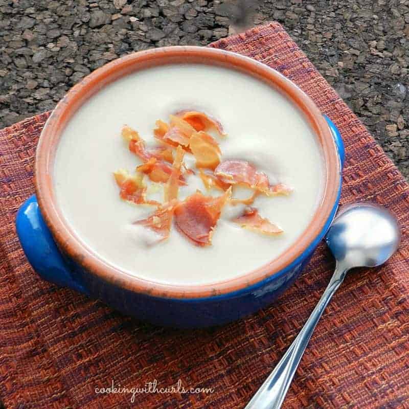 Creamy Cauliflower Soup with Crispy Prosciutto cookingwithcurls.com