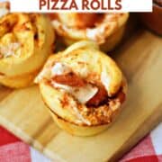 Homemade pepperoni pizza rolls with a side of pizza sauce and title graphic across the top.