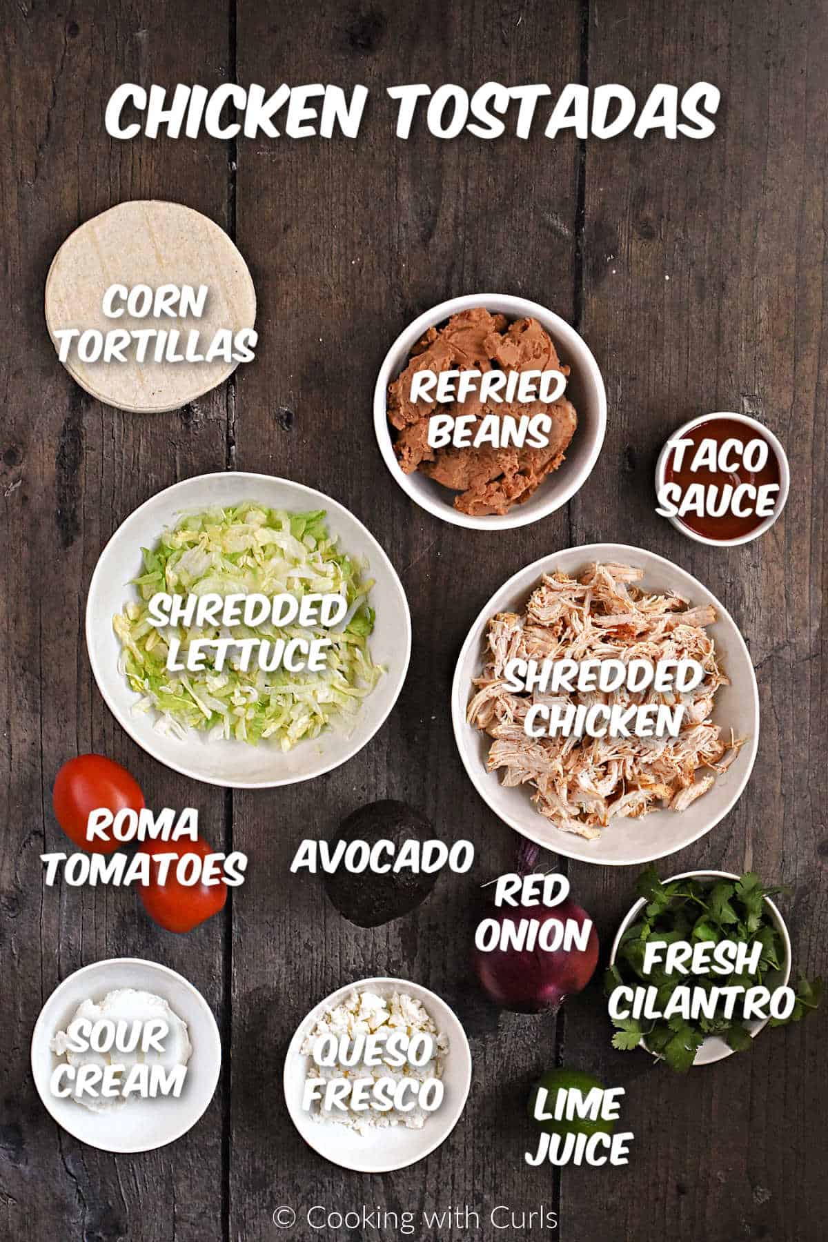 Ingredients needed to make shredded chicken tostadas.