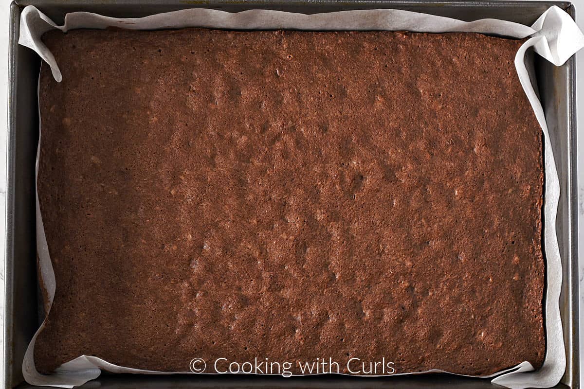 Brownies baked in a parchment lined baking pan. 