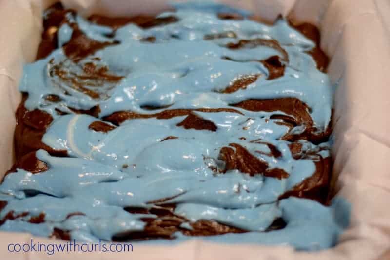 Blue cream cheese swirled into the brownie batter.