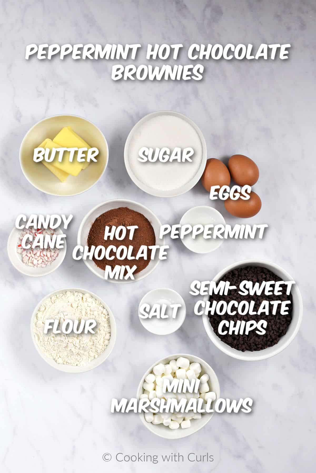 Ingredients needed to make peppermint hot chocolate brownies. 